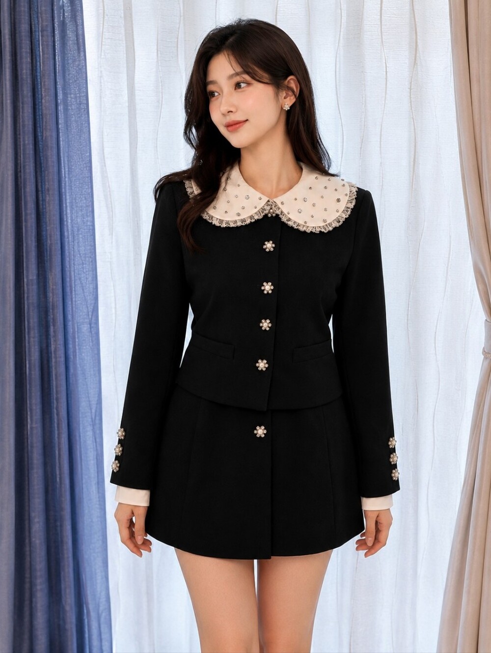 Elegant Black Jacket with Embellished Peter Pan Collar | Boutique Parisian Style